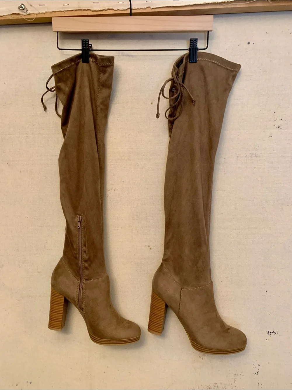Tall Tan Suede Platform Boots  - Women's Thigh-High Heels, Size 7.5